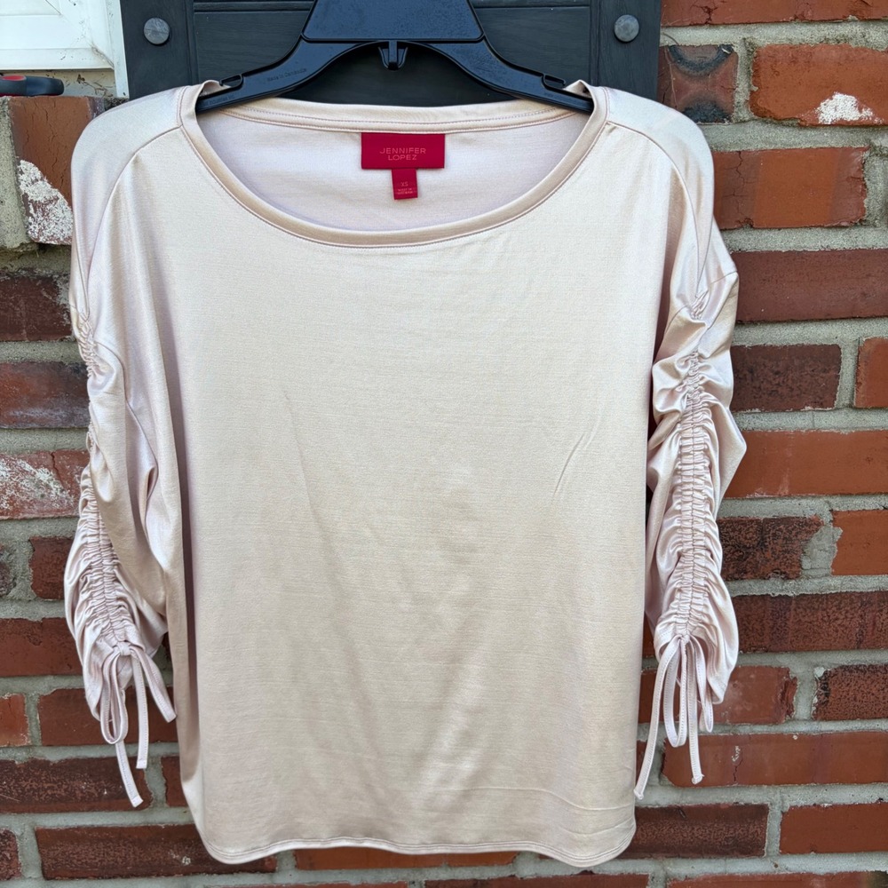 Jennifer Lopez Champagne Pink Ruched Sleeve Scoop Neck Blouse Top XS